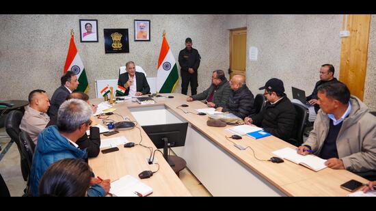 Ladakh lieutenant governor Kavinder Gupta during the review meeting on Tuesday. (HT Photo)