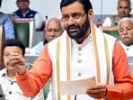 Haryana chief minister Nayab Singh Saini in the state assembly in in Chandigarh on Tuesday. (ANI)