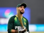 Salman Ali Agha warms up before the start of the T20 World Cup match.