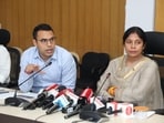 PMC additional commissioner Prithviraj BP (L) mayor and Manjusha Nagpure announced launch of Clean air portal during a press conference on Wednesday. (HT)