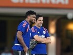 Gautam Gambhir and Sanju Samson during a practice session ahead of the T20 World Cup 2026 match between India and Zimbabwe.