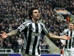 Newcastle United's Sandro Tonali celebrates scoring their first goal.