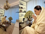 An all-white living room with a tufted sofa, a crystal chandelier and white blooms channels Tara Sutaria's inspired vintage glamour.(Tara Sutaria (Instagram))