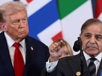 US President Donald Trump looks at Pakistan's Prime Minister Shehbaz Sharif.