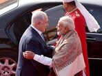 Israeli Prime Minister Benjamin Netanyahu shakes hands with his Indian counterpart Narendra Modi at his ceremonial reception in New Delhi, India, January 15, 2018.