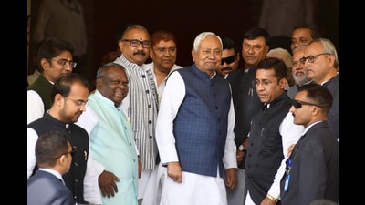 Bihar chief minister Nitish Kumar arrives to attend the Budget Session at the Bihar Assembly in Patna on Wednesday. (Santosh Kumar/HT)