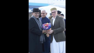 J&K CM Omar Abdullah along with LG Manoj Sinha welcoming VP CP Radhakrishnan in Srinagar on Wednesday. (Sourced) J&K CM Omar Abdullah along with LG Manoj Sinha welcoming VP CP Radhakrishnan in Srinagar on Wednesday. (Sourced)