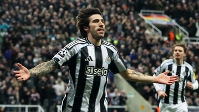 Newcastle United's Sandro Tonali celebrates scoring their first goal. (REUTERS)