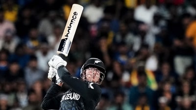 Mitchell Santner turned up for his team with the bat, playing the rescue act and standing up as captain. Alongside McConchie, he hammered 4 sixes enroute to scoring 47(26) – an effort which pushed the Blackcaps to an above-par 168/7. (AP)
