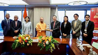Uttar Pradesh chief minister Yogi Adityanath with Japan external trade organization chairman and CEO Norihiko Ishiguro and others during a meeting on the sidelines of Uttar Pradesh Investment Roadshow, in Japan on Wednesday. (ANI)