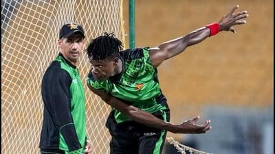 Zimbabwe's Blessing Muzarabani during a training session in Chennai. (PTI) Zimbabwe's Blessing Muzarabani during a training session in Chennai. (PTI)