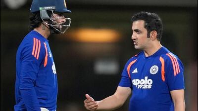 ndia’s coach Gautam Gambhir with, Tilak Varma during a practice session in Chennai. (PTI)