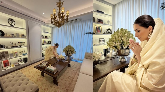 An all-white living room with a tufted sofa, a crystal chandelier and white blooms channels Tara Sutaria's inspired vintage glamour. (Tara Sutaria (Instagram))