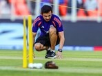 India's head coach Gautam Gambhir checks the pitch before the start of the team's T20 World Cup 2026 Super 8 Group 1 match