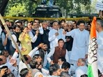 Congress MLAs, led by leader of Opposition Bhupinder Singh Hooda, holding a protest after the walk-out. (HT) Congress MLAs, led by leader of Opposition Bhupinder Singh Hooda, holding a protest after the walk-out. (HT)