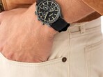 Close up of classic Fossil watches, highlighting beautiful dials, textured straps, and refined detailing.