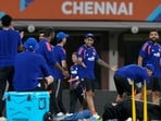 India's captain Suryakumar Yadav, centre, with teammates during a practice session ahead of the T20 World Cup 2026 match against Zimbabwe in Chennai