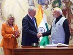 Prime Minister Narendra Modi, Israel Prime Minister Benjamin Netanyahu and Knesset Speaker Amir Ohana at the Knesset, Israeli parliament, in Jerusalem, Israel.