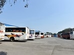 Pune, India - Nov. 9, 2021: Buses stand in bus stand during MSRTC ST workers protest for various demand outside the Wakadewadi Bus stand in Pune, India, on Tuesday, November 9, 2021. (HT PHOTO) (Hindustan Times) Pune, India - Nov. 9, 2021: Buses stand in bus stand during MSRTC ST workers protest for various demand outside the Wakadewadi Bus stand in Pune, India, on Tuesday, November 9, 2021. (HT PHOTO) (Hindustan Times)