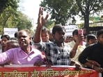 Student, labour and civil society groups marched from Parivartan Chowk toward the district magistrate’s office on Thursday (Mushtaq Ali/HT)