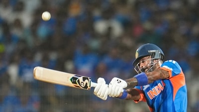 Hardik Pandya also contributed with the runs, hitting a last-ball six to bring up his half-century. He scored 50* off 23 deliveries, hitting four sixes to finish things off. India's 256/4 stands as the team's highest score in a T20 World Cup, and the second-highest of any team. (PTI) Hardik Pandya also contributed with the runs, hitting a last-ball six to bring up his half-century. He scored 50* off 23 deliveries, hitting four sixes to finish things off. India's 256/4 stands as the team's highest score in a T20 World Cup, and the second-highest of any team. (PTI)