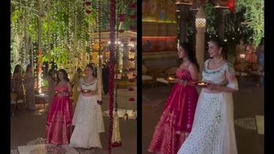 The video shows Radhika Merchant walking down the aisle before the bride’s entry. (Instagram/@drape_neha) The video shows Radhika Merchant walking down the aisle before the bride’s entry. (Instagram/@drape_neha)