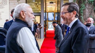 Prime Minister Narendra Modi with Israeli President Isaac Herzog during a bilateral meeting, in Israel. (PTI) Prime Minister Narendra Modi with Israeli President Isaac Herzog during a bilateral meeting, in Israel. (PTI)