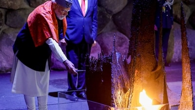 Prime Minister Narendra Modi with Israel Prime Minister Benjamin Netanyahu during a visit to Yad Vashem, the World Holocaust Remembrance Center, in Jerusalem, Israel. (PTI) Prime Minister Narendra Modi with Israel Prime Minister Benjamin Netanyahu during a visit to Yad Vashem, the World Holocaust Remembrance Center, in Jerusalem, Israel. (PTI)
