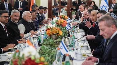 Prime Minister Narendra Modi holds delegation-level talks with Israeli Prime Minister Benjamin Netanyahu, in Jerusalem on Thursday. (ANI) Prime Minister Narendra Modi holds delegation-level talks with Israeli Prime Minister Benjamin Netanyahu, in Jerusalem on Thursday. (ANI)