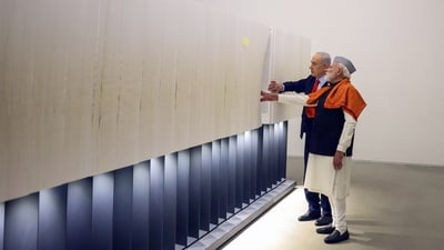 Prime Minister Narendra Modi with Israeli Prime Minister Benjamin Netanyahu visits Book of Names Hall, at Yad Vashem, the World Holocaust Remembrance Center, in Jerusalem on Thursday. (ANI) Prime Minister Narendra Modi with Israeli Prime Minister Benjamin Netanyahu visits Book of Names Hall, at Yad Vashem, the World Holocaust Remembrance Center, in Jerusalem on Thursday. (ANI)