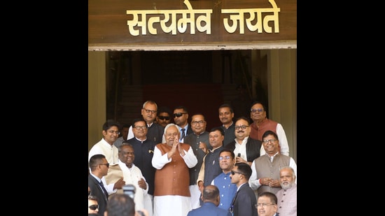 Bihar CM Nitish Kumar arrives to attend the Budget Session at the Bihar Assembly in Patna on Thursday. (Santosh Kumar/HT)