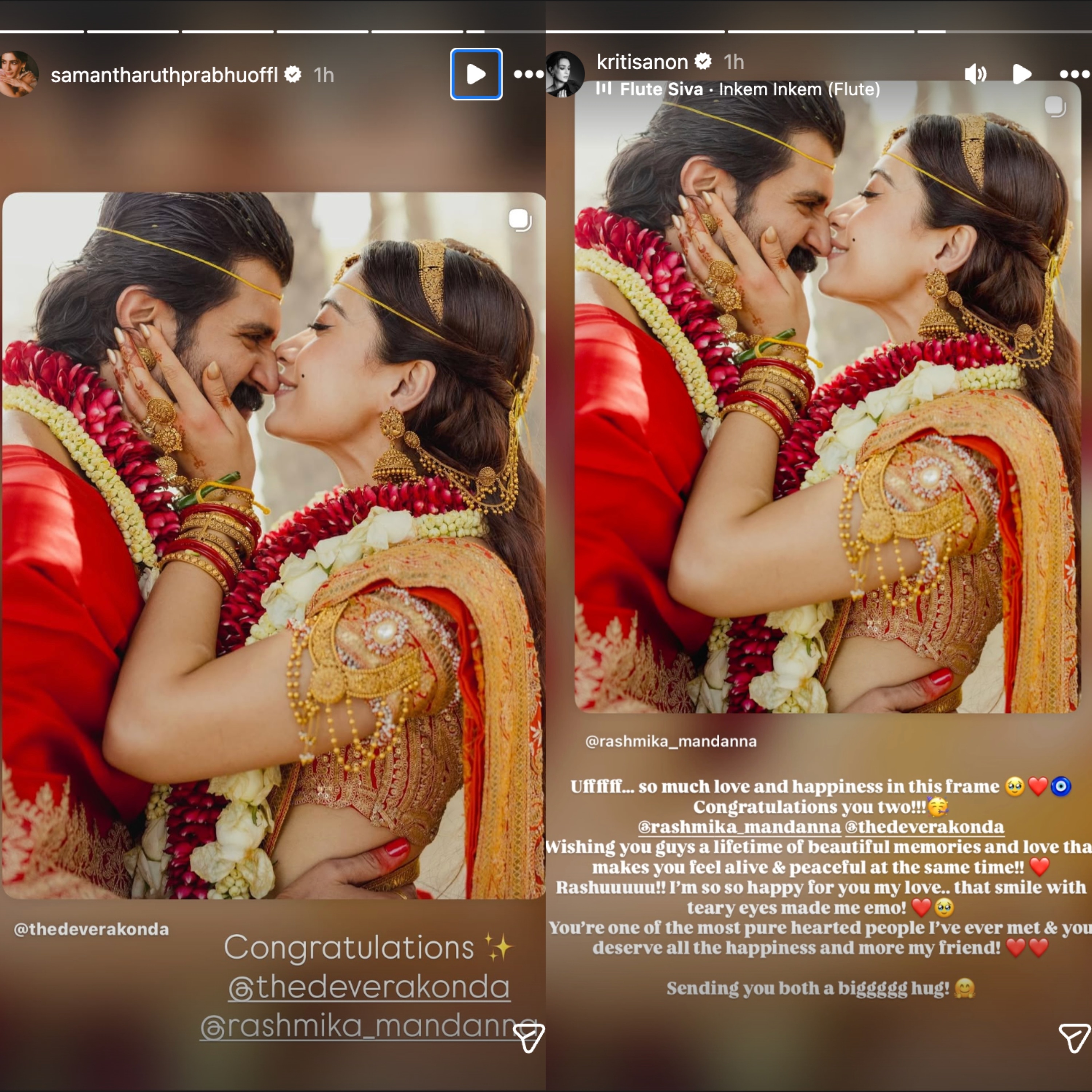 Samantha Ruth Prabhu and Kriti Sanon wished Vijay Deverakonda and Rashmika Mandanna. Samantha Ruth Prabhu and Kriti Sanon wished Vijay Deverakonda and Rashmika Mandanna.