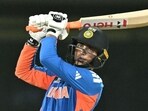 Abhishek Sharma plays a shot during the match against Zimbabwe. (AFP) Abhishek Sharma plays a shot during the match against Zimbabwe. (AFP)