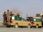 Pakistani soldiers patrol near the Pakistan�Afghanistan border crossing in Chaman on February 27.