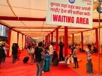 The temporary waiting area at the Ludhiana Junction set up to ease congestion on platforms. (HT Photo)