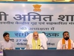 Union home minister Amit Shah with Bihar Dy CM Samrat Choudhary and others during a review meeting in Purnia, Bihar, on Friday. (@samrat4bjp) Union home minister Amit Shah with Bihar Dy CM Samrat Choudhary and others during a review meeting in Purnia, Bihar, on Friday. (@samrat4bjp)