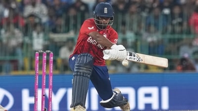 In his debut World Cup performance, Rehan Ahmed makes a star turn. Chosen for a spin, his batting excellence came to the fore – in just 8 balls, he hammered two sixes and an audacious switch-hit four to flip the script late on and help England seal it in the last over. (AP)