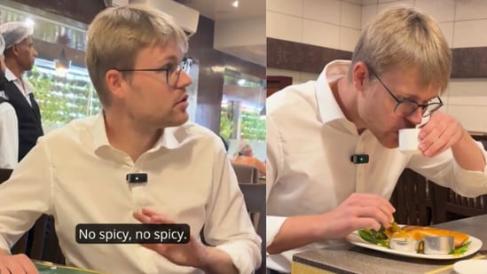 Peter Kjærgaard Christensen acted out how his taste buds changed over six months in the city. (Innovation Centre Denmark Bangalore/LinkedIn)