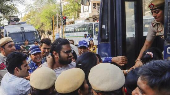 On Thursday afternoon, hundreds of students joined a “Long March” protest organised by JNUSU. (ANI photo)