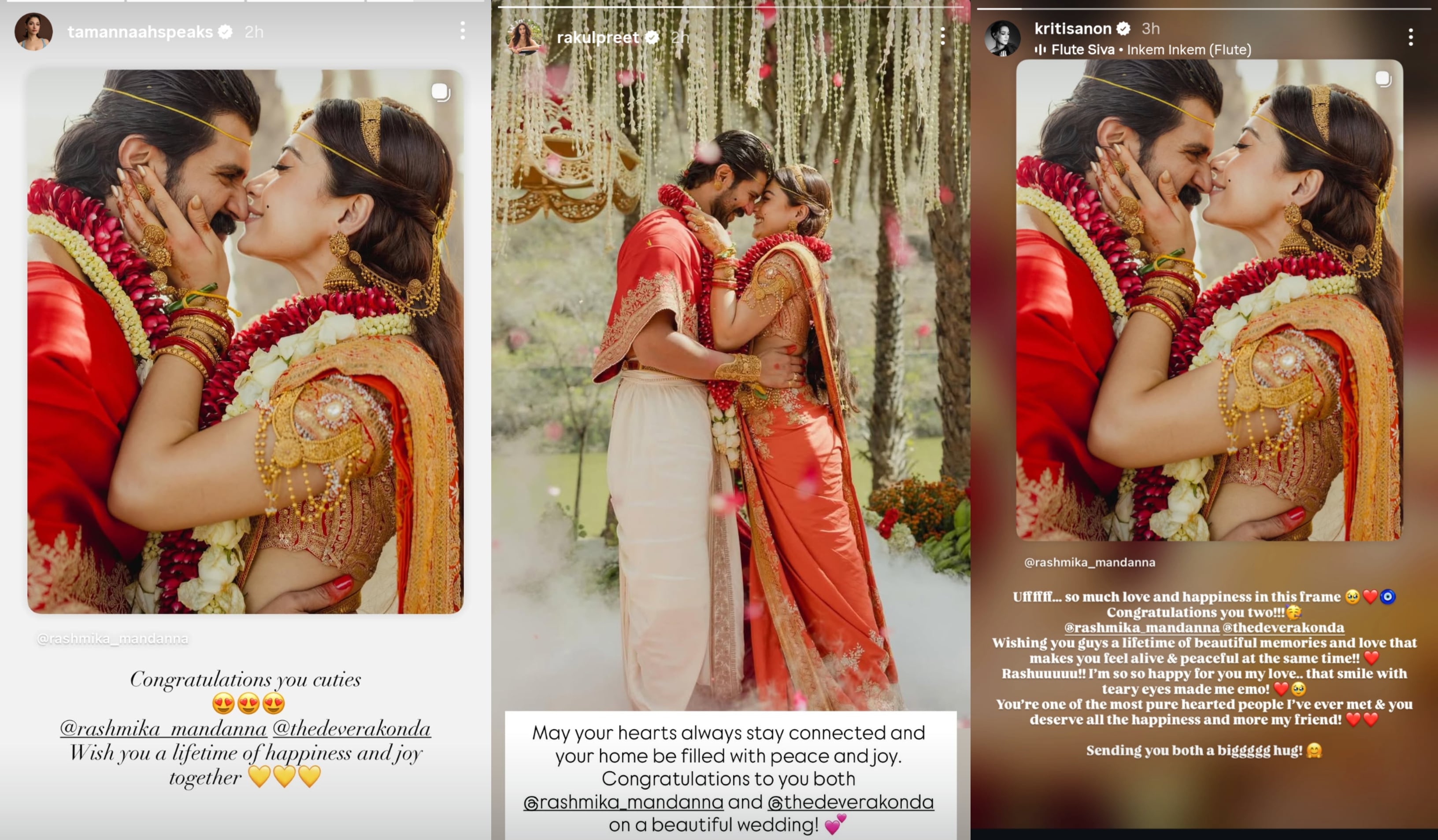 Tamannaah Bhatia, Rakul Preet Singh, Kriti Sanon wish Rashmika Mandanna and Vijay Deverakonda Tamannaah Bhatia, Rakul Preet Singh, Kriti Sanon wish Rashmika Mandanna and Vijay Deverakonda