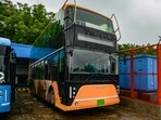 A newly introduced double-decker DTC bus stationed at Okhla Bus Depot in New Delhi on Friday. (RAJ K RAJ /HT PHOTO)