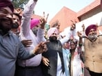Celebrations began at the party’s state headquarters in Chandigarh immediately after news of the acquittal of Kejriwal and Sisodia broke. (HT Photo)