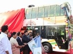 Chief minister Rekha Gupta and tourism minister Kapil Mishra jointly flag off the double-decker tourist bus from Kartavya Path in New Delhi on Friday. (ANI)