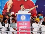 Congress leader Rahul Gandhi addressing a political rally in Barnala on Friday. (Keshav Singh/HT)