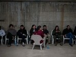 People in a shelter in Tel Aviv, Israel, after warning sirens sound following Israeli strikes on Iran on Saturday, Feb 28, 2026.