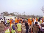 Rescue personnel at the site of the explosion in Vetlapalem in Kakinada district on Saturday. (ANI)