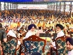 Shiromani Akali Dal (Shiromani Akali Dal) president Sukhbir Singh Badal during a political rally at Bhai Rupa village in Rampura assembly segment in Bathinda district. (HT)