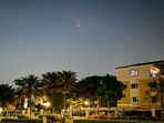 Smoke from a reported rocket interception is seen in the sky over in Dubai on February 28, 2026.