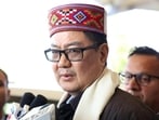Union minister for parliamentary affairs Kiren Rijiju speaks to the media upon his arrival at Gaggal airport in Kangra on Saturday. (PTI Photo)