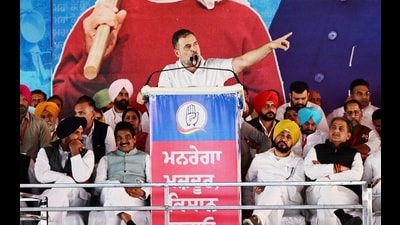 Congress leader Rahul Gandhi addressing a political rally in Barnala on Friday. (Keshav Singh/HT)